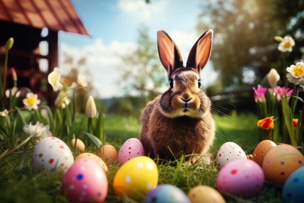 Le lapin de Pâques et les œufs de Pâque sur l'herbe verte