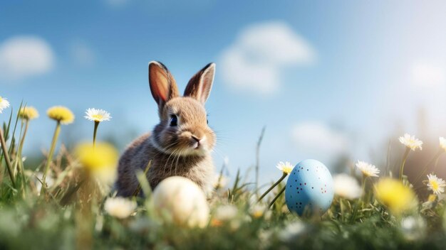 Le lapin de Pâques et les œufs de Pâque Le lapin des Pâques dans l'herbe Le lapin du Pâques avec des œufs