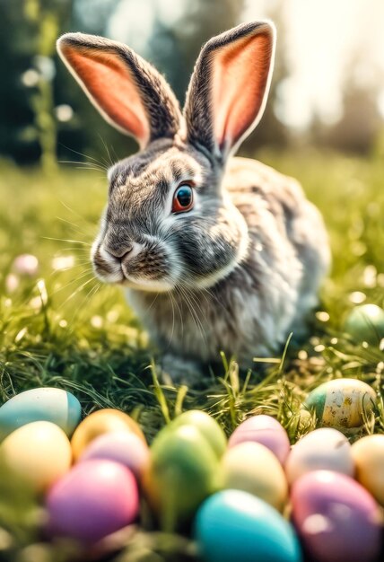 Un lapin de Pâques et des œufs de Pâque sur une prairie