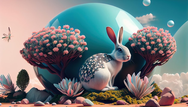 Lapin de Pâques avec des oeufs de Pâques et des fleurs de printemps Carte de voeux Joyeuses Pâques Generative AI