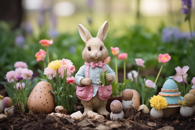 Photo le lapin de pâques et les œufs de pêche dans le jardin décoration de pâque