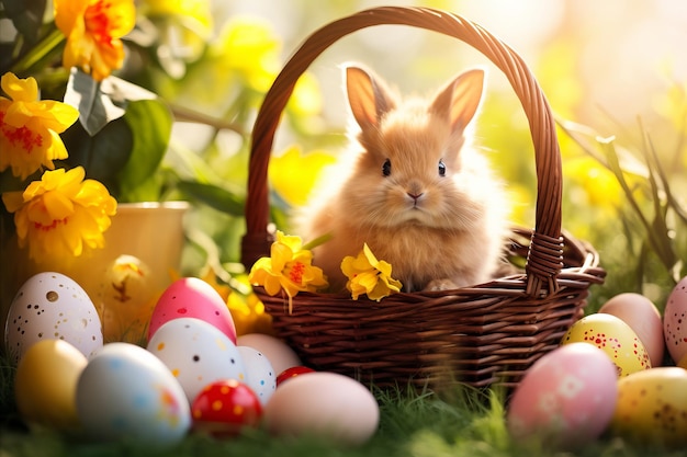 Un lapin de Pâques et des œufs de Pêche dans un panier en osier à l'extérieur entouré de verdure et de fleurs