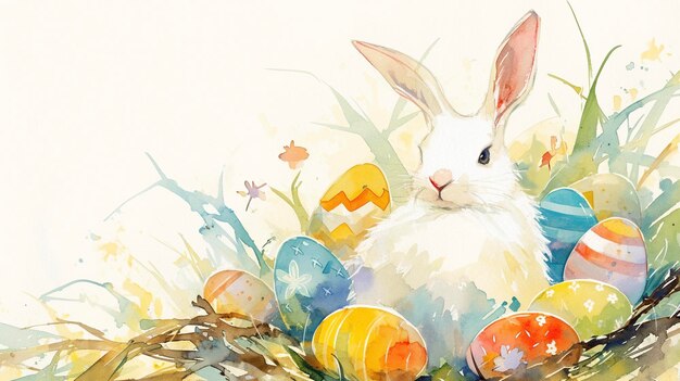 Le lapin de Pâques avec des œufs peints sur de l'herbe verte Illustration à l'aquarelle