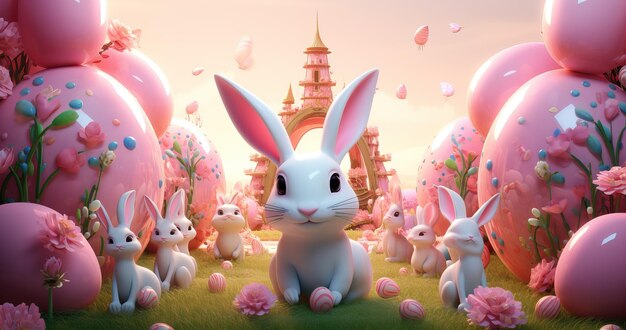 Le lapin de Pâques avec des œufs roses et des fleurs rendu en 3D