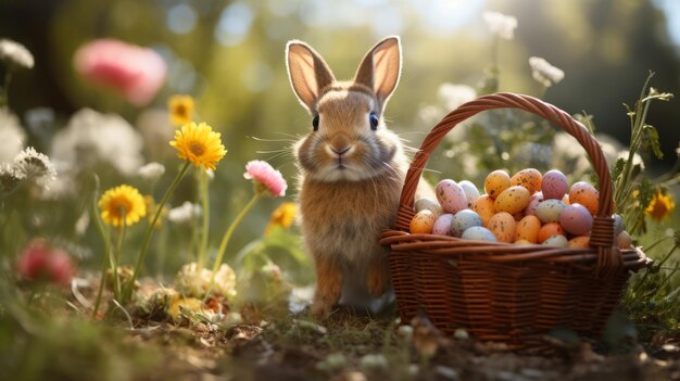 Un lapin de Pâques avec un panier d'œufs et de fleurs