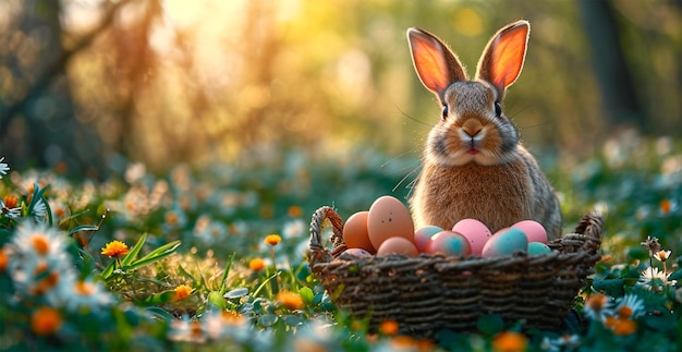 Le lapin de Pâques avec un panier d'œufs de Pâque, fête sainte de la Pâques, image générée par l'IA