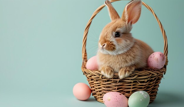 Un lapin de Pâques avec un panier et des œufs de Pâque