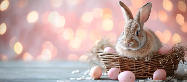 Un lapin de Pâques avec un panier et des œufs de Pâques