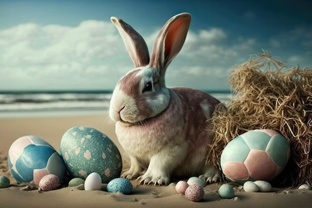 Lapin de Pâques avec un panier d'oeufs sur la plage