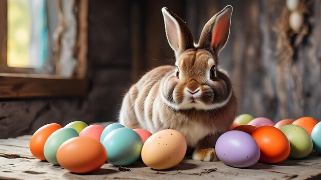 Un lapin de Pâques parmi des œufs colorés sur une table dans un style rustique