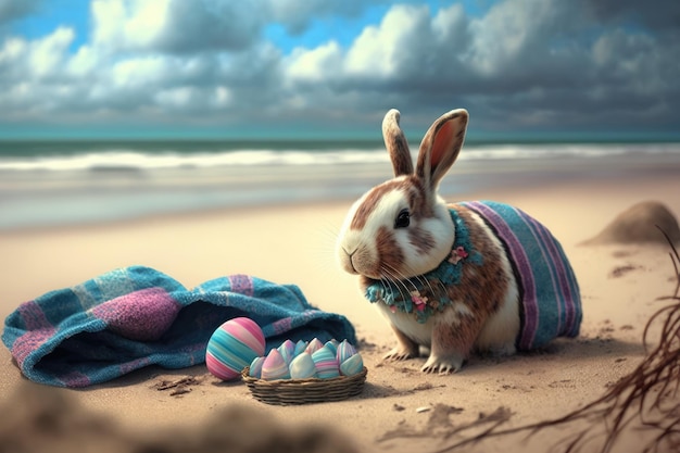 Lapin de Pâques sur la plage avec un panier d'œufs