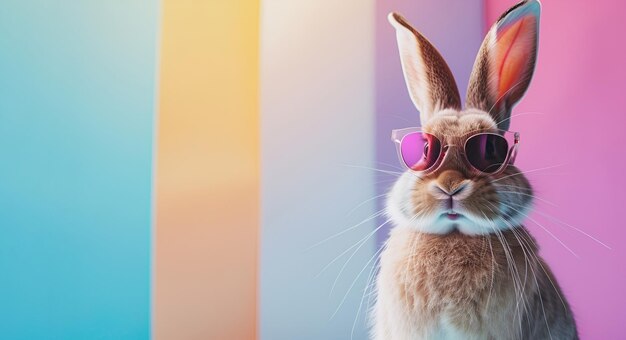 Un lapin de Pâques portant des lunettes de soleil pose sur un fond pastel coloré