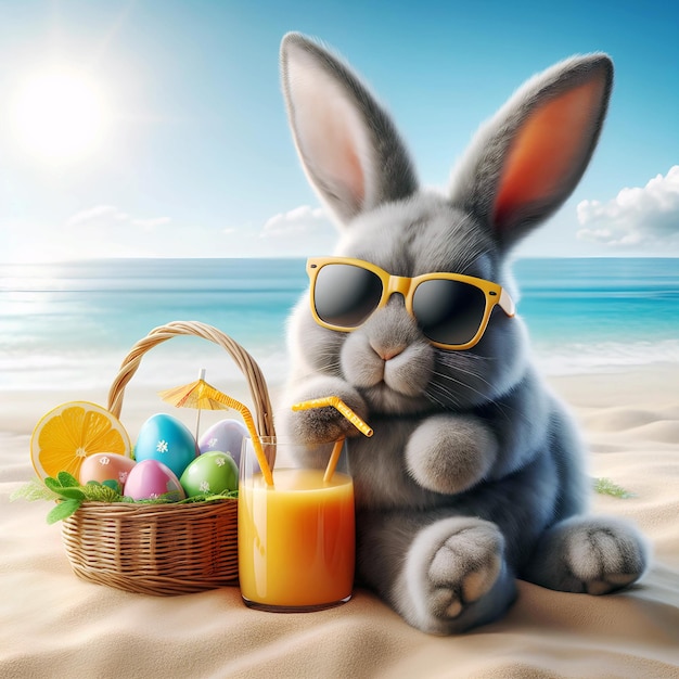 Un lapin de Pâques portant des lunettes de soleil en vacances sur la plage avec un fond de coucher de soleil de cocktail en mer