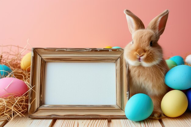 Le lapin de Pâques présente un tableau blanc blanc dans une scène pastel