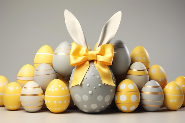 Le lapin de Pâques se cache dans des œufs jaunes sur un fond gris pastel Concept de vacances de Pâque Luxe