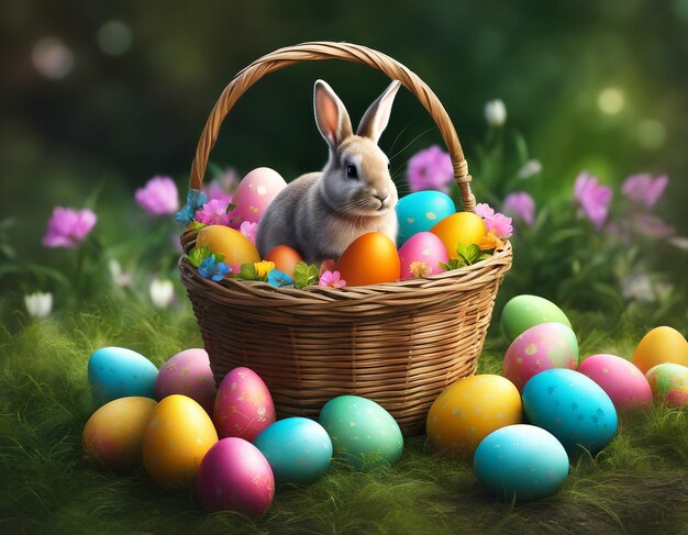 Photo un lapin de pâques sur la table dans un panier avec des œufs de pâque