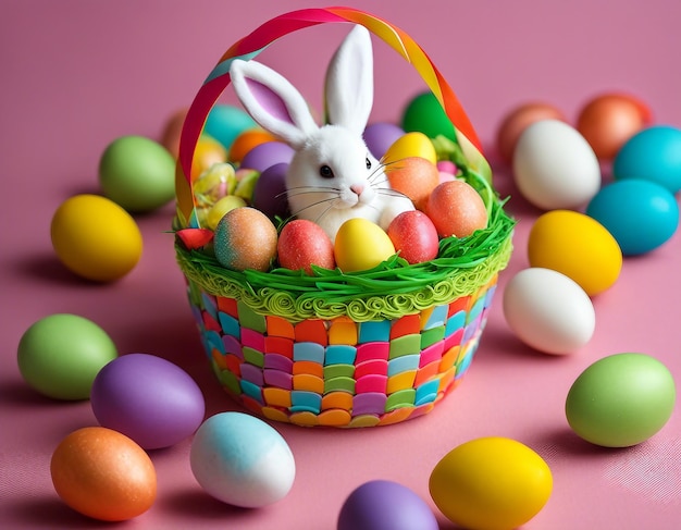 Photo un lapin de pâques sur la table dans un panier avec des œufs de pâque