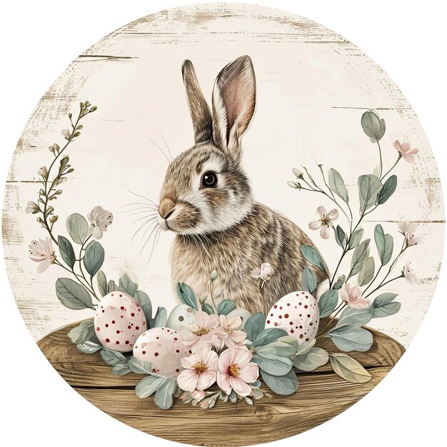 un lapin de Pâques tenant une couronne d'oeufs de Pâques dans le style de teintes pastel douces