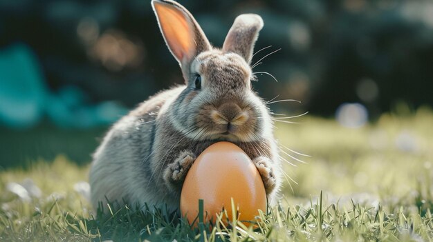 Un lapin de Pâques tenant un œuf de Pâques géant