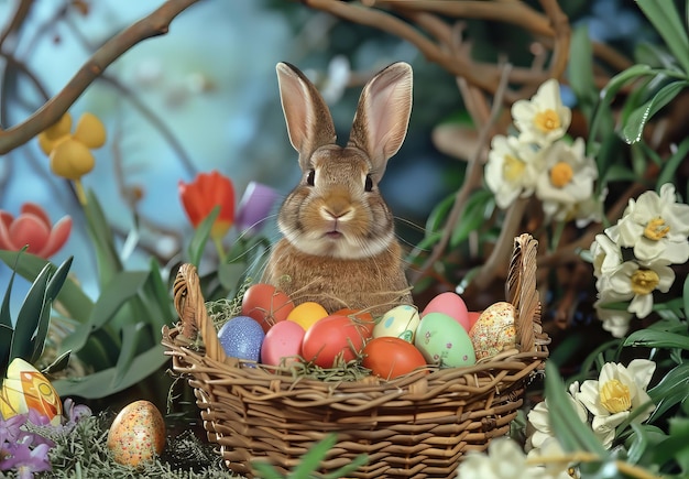 Le lapin de Pâques traditionnel avec des œufs de Pâque colorés Bonne Pâque