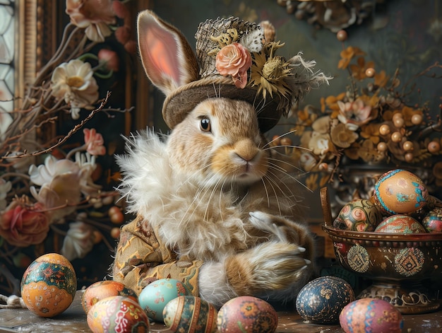 Photo un lapin de pâques en vêtements antiques parmi les œufs de pâque