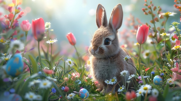 Le lapin parmi les fleurs du printemps