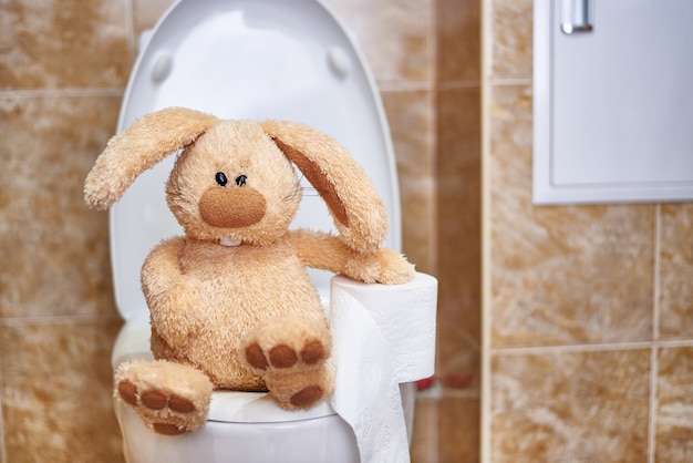 Lapin En Peluche Doux Avec Du Papier Toilette Dans Les Toilettes.