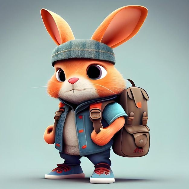 lapin de personnage de dessin animé 3d avec un sac à dos