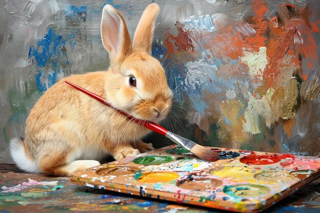 Photo un lapin avec un pinceau et une palette pour un concept artistique