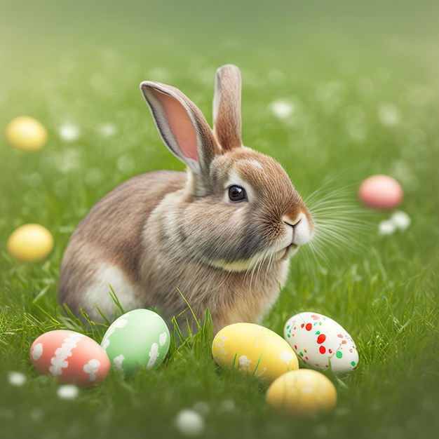 Lapin poilu calme unique assis sur l'herbe verte avec des oeufs de pâques