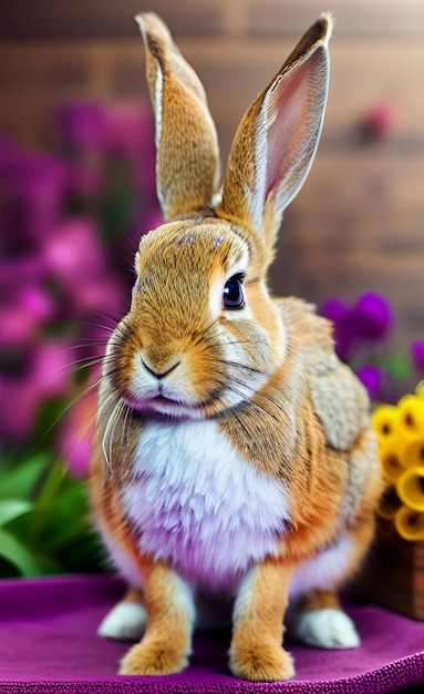 Photo un lapin avec une poitrine blanche et une poitrine blanche est assis devant un bouquet de fleurs.