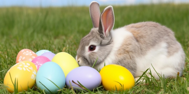 Un lapin pondant dans un tas d'oeufs de pâques