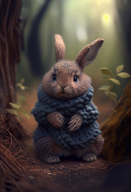 Un lapin portant un chandail tricoté est assis dans une forêt.