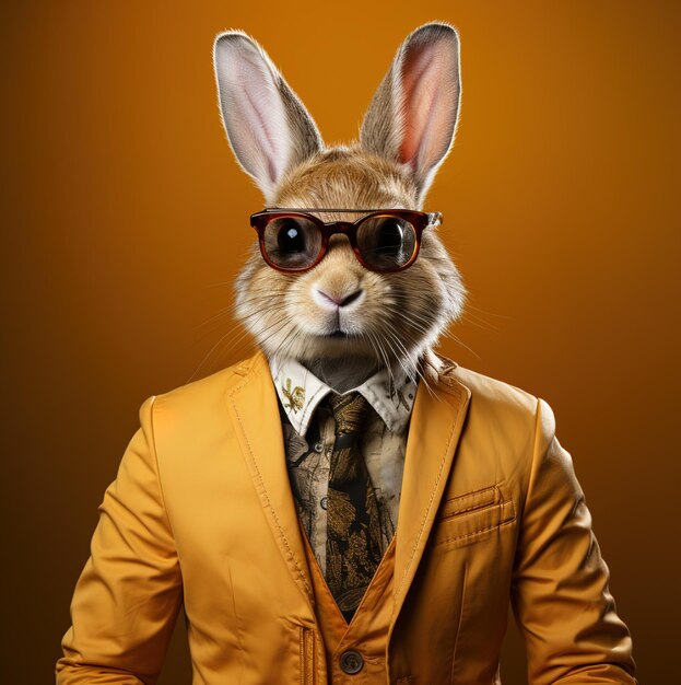 Un lapin portant un costume et des lunettes de soleil avec un costume et une cravate.