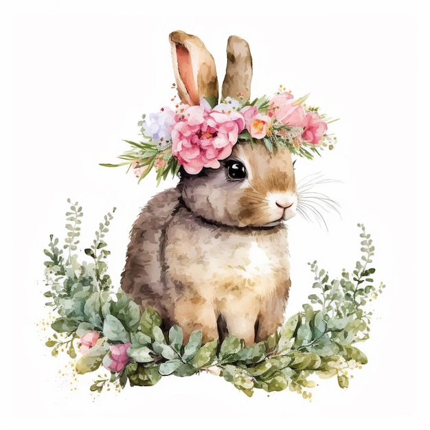 Un lapin portant une couronne de fleurs dans une couronne de fleurs.