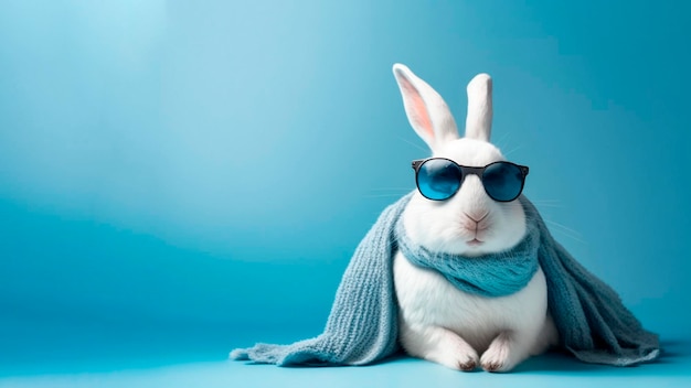 Un lapin portant une écharpe et des lunettes de soleil est assis sur un fond bleu.