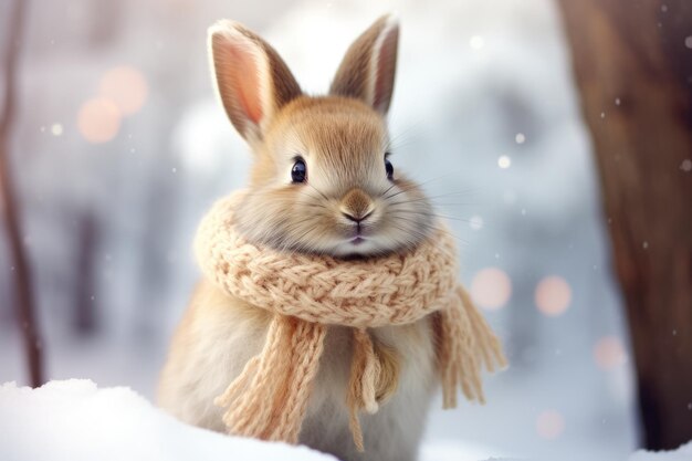 Photo un lapin portant un foulard dans la neige
