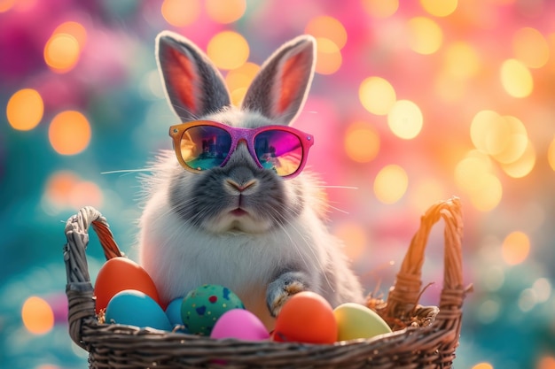 Un lapin portant des lunettes de soleil assis dans un panier avec des œufs