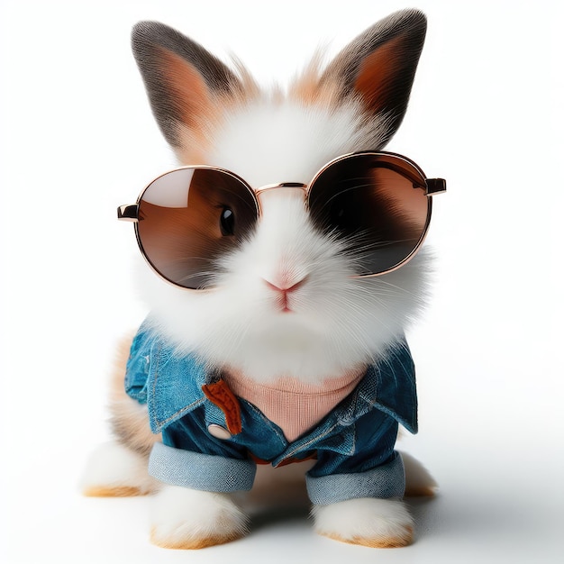 un lapin portant des lunettes de soleil et une chemise avec une chemise qui dit lapin sur elle