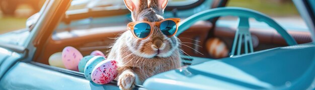 Un lapin portant des lunettes de soleil à côté d'œufs de Pâques dans une voiture vintage par une journée ensoleillée