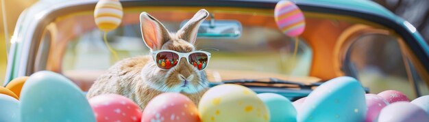 Un lapin portant des lunettes de soleil à côté d'œufs de Pâques dans une voiture vintage par une journée ensoleillée