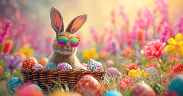 Un lapin portant des lunettes de soleil dans un champ de fleurs