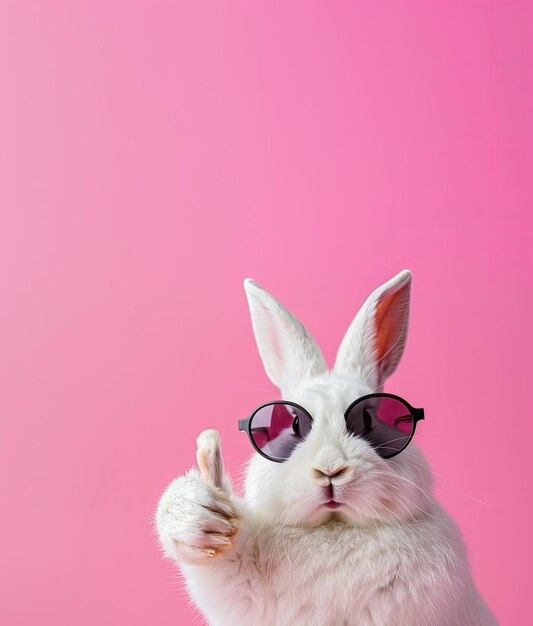 un lapin portant des lunettes de soleil et un fond rose avec un fond rose