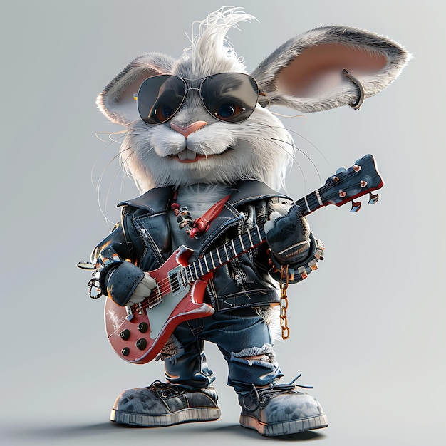 Photo le lapin avec une posture de rock star le sourire rebelle les oreilles longues cycles personnage animal créatif sur bg blanc