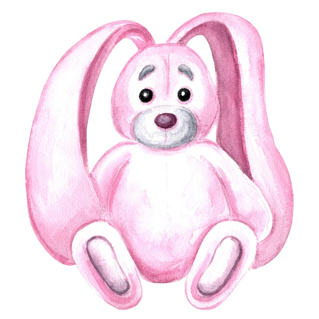 Le lapin de poupée en peluche de couleur rose est un jouet pour enfants doux et mignon. Illustration à l'aquarelle dessinée à la main