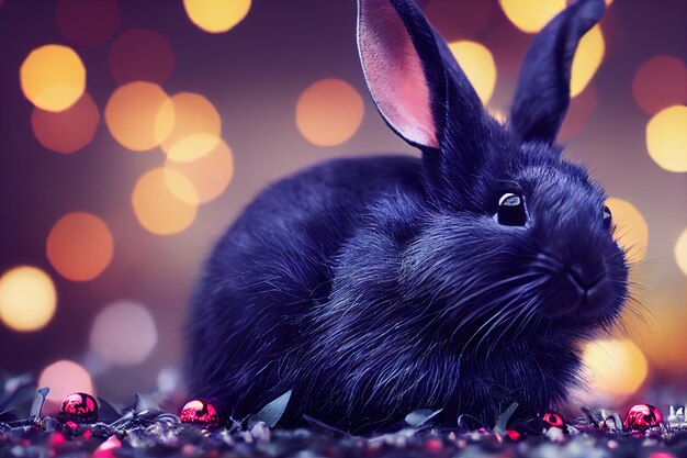 Lapin pour Noël lapin mignon sur le fond des lumières de Noël Joyeuse surprise