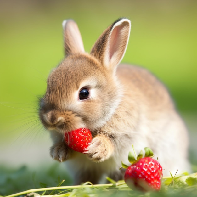 Un lapin qui mange des fraises sur fond vert.