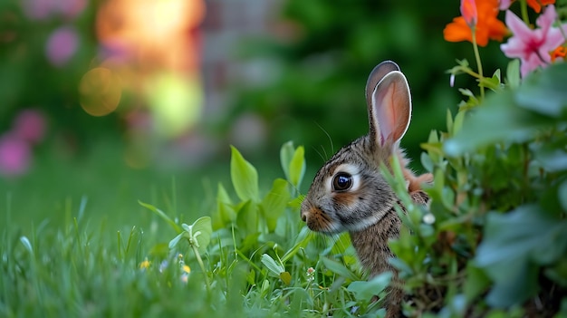 Le lapin regarde du coin de l'image avec surprise.