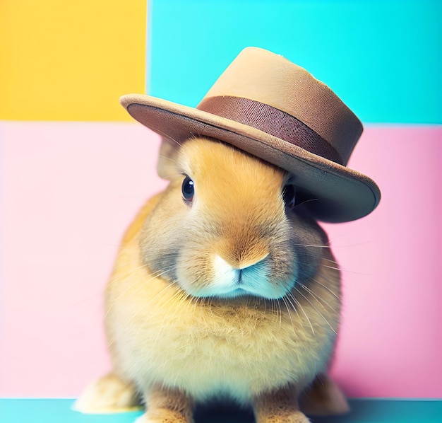 Lapin de repère avec chapeau sur fond coloré