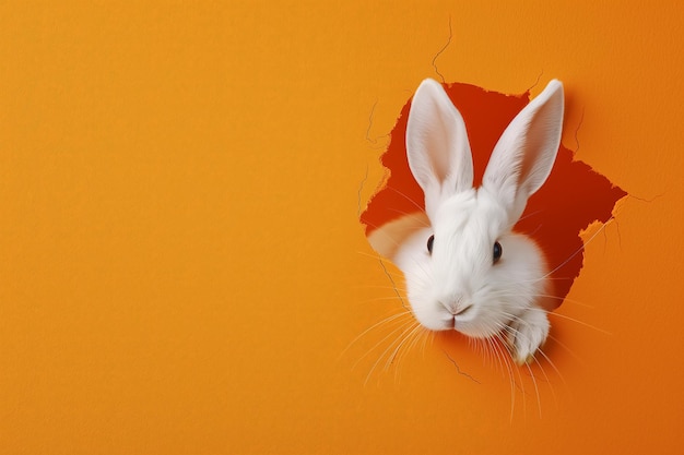 Un lapin s'élançant d'un trou dans un fond orange